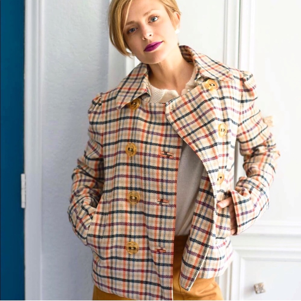 Marc by Marc Jacobs Honeycomb Cream Multi Plaid Double-Breasted Wool Pea Coat